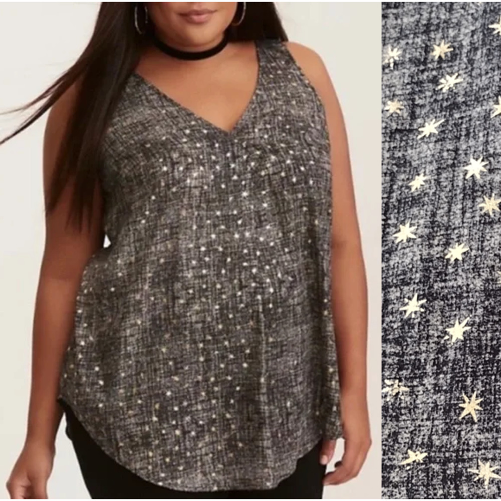 Torrid | Hatched Gray Gold Foil Celestial Stars V-Neck Sleeveless Georgette Top